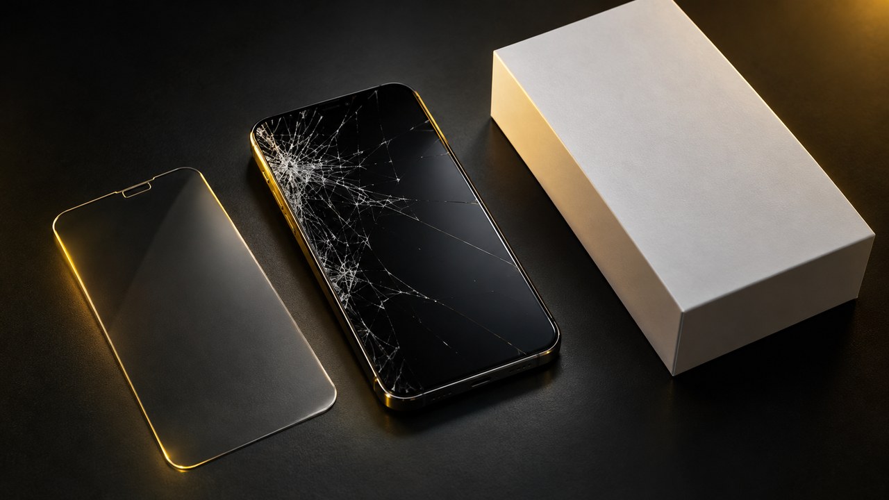画面が割れたスマートフォンと新品の箱と保護ガラスフィルム