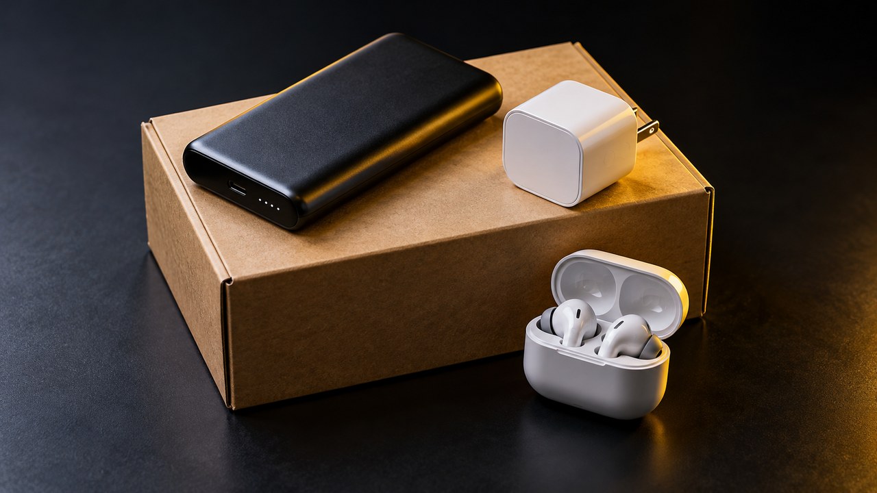 段ボール箱とモバイルバッテリーとスマートプラグとイヤホン