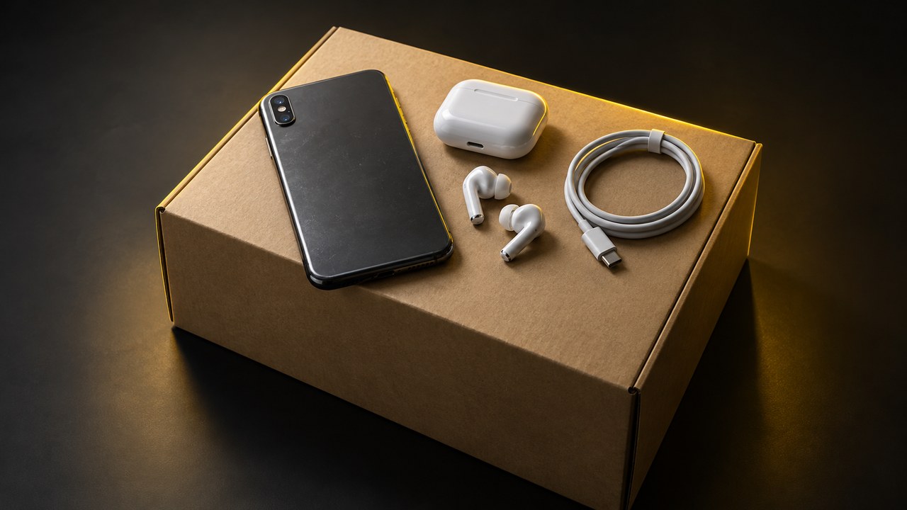 無地の段ボール箱と古いスマートフォンとイヤホンとケーブル