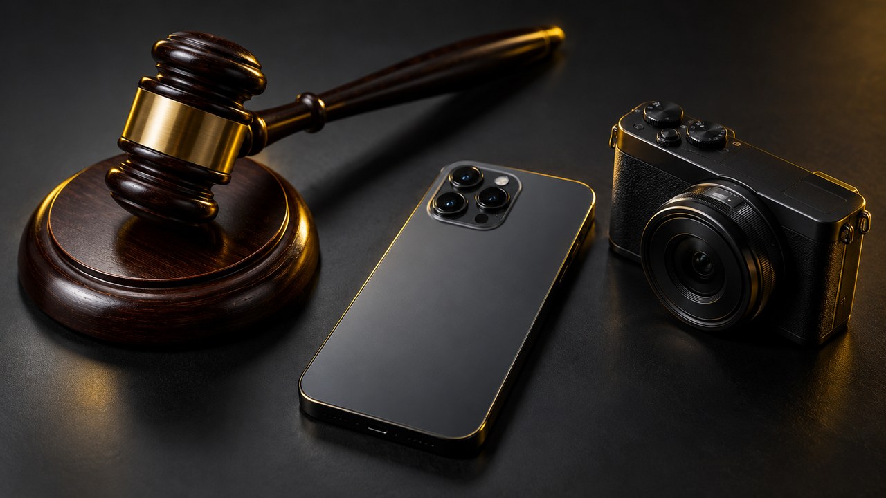 木槌とスマートフォンとデジタルカメラ