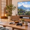テレビ台に置いた据え置き型ゲーム機とコントローラー