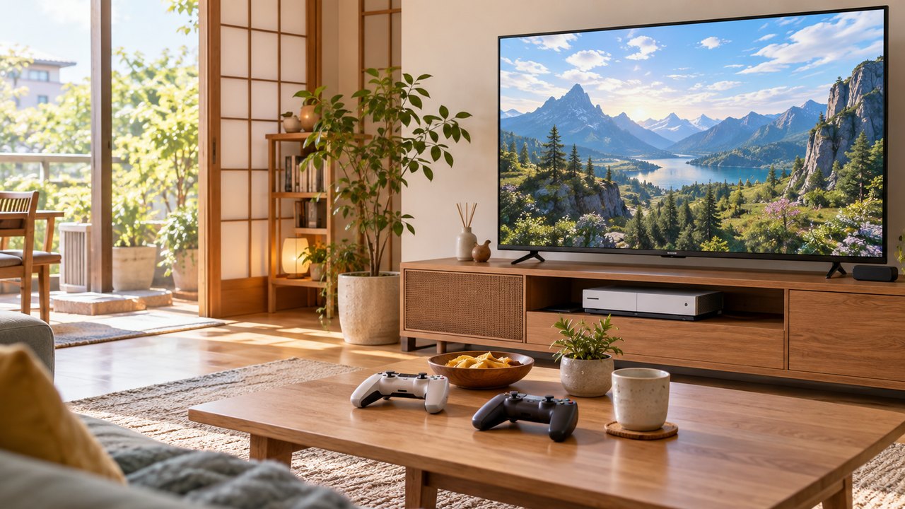 テレビ台に置いた据え置き型ゲーム機とコントローラー