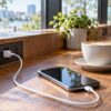 カフェのカウンター席のコンセントで充電中のスマートフォン