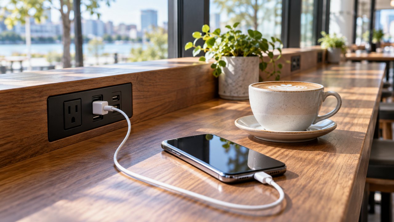 カフェのカウンター席のコンセントで充電中のスマートフォン