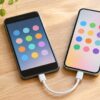 ケーブルでつながれた古いスマートフォンと新しいスマートフォン
