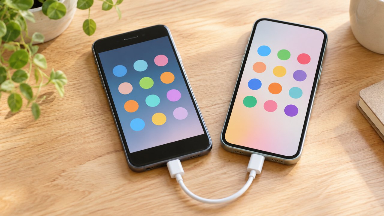 ケーブルでつながれた古いスマートフォンと新しいスマートフォン