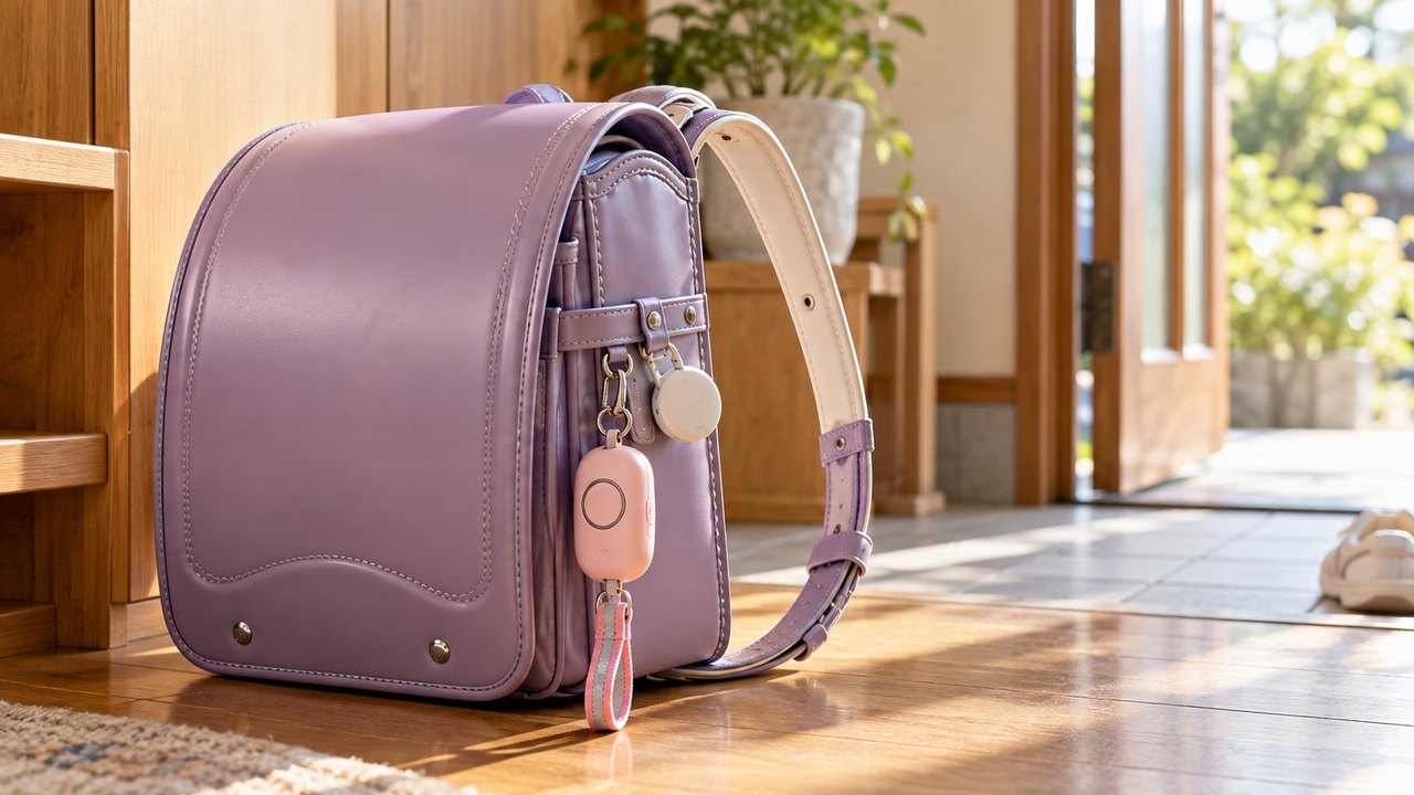 ランドセルに付けた防犯ブザーと小型のGPSトラッカー