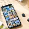 写真の一覧が表示されたスマートフォンとmicroSDカード、カードリーダー