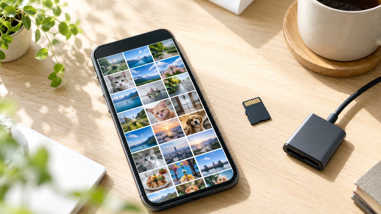 写真の一覧が表示されたスマートフォンとmicroSDカード、カードリーダー
