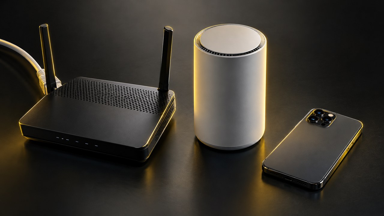 光ファイバーをつないだWi-Fiルーターとホームルーターとスマートフォン
