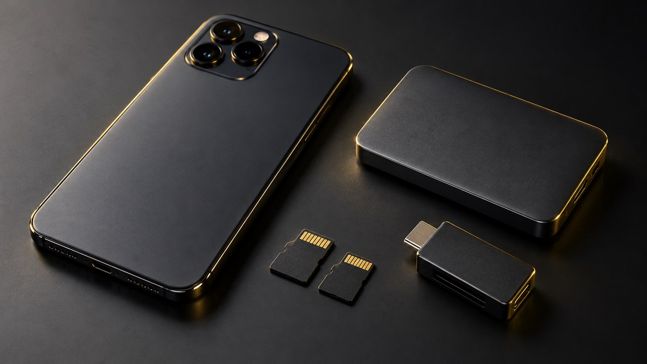 スマートフォンとmicroSDカードとカードリーダーと外付けSSD