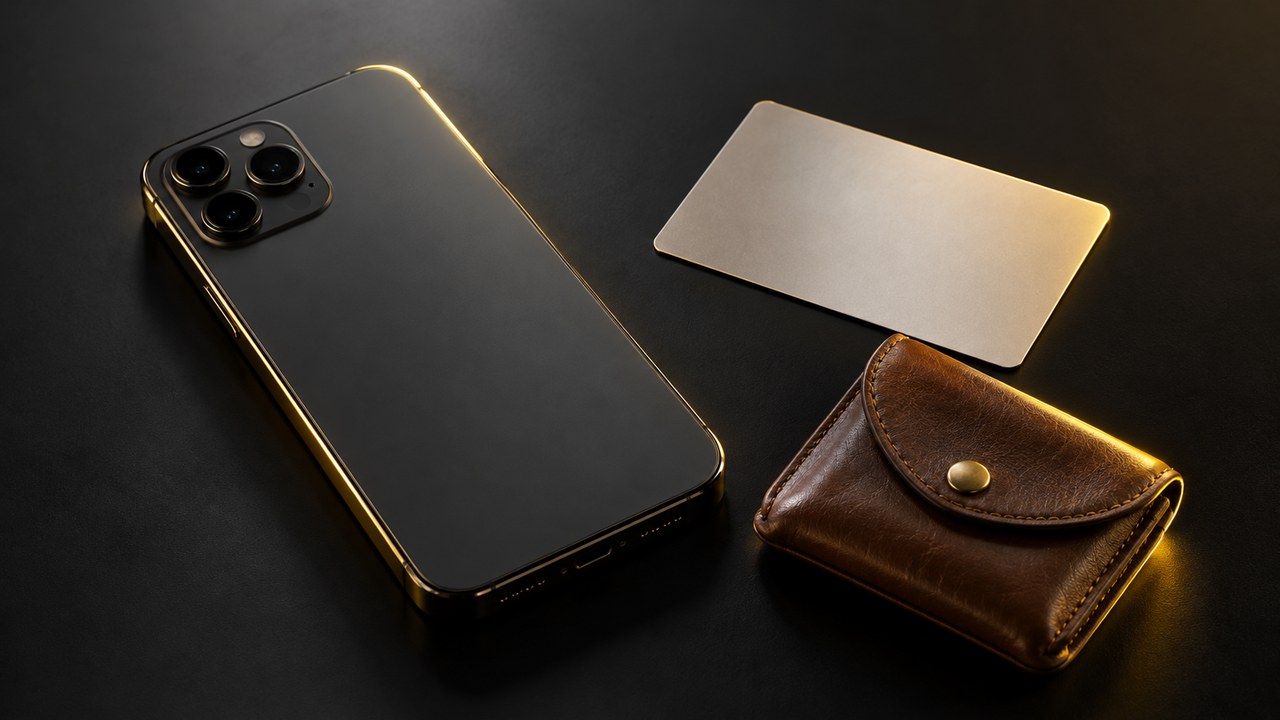 スマートフォンと無地のカードと革の小銭入れ