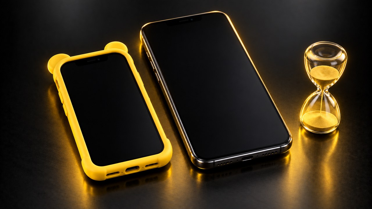 子ども用ケースのスマートフォンと親のスマートフォン、砂時計