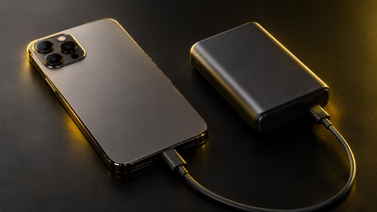 充電ケーブルをつないだスマートフォンとモバイルバッテリー