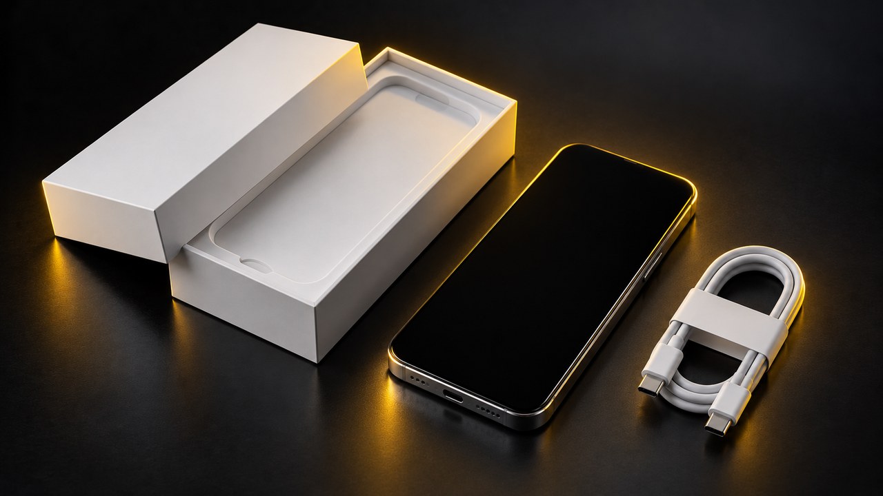箱から取り出した新しいスマートフォンとケーブル