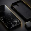 画面にひびが入ったスマートフォンとケースと忘れ物タグ