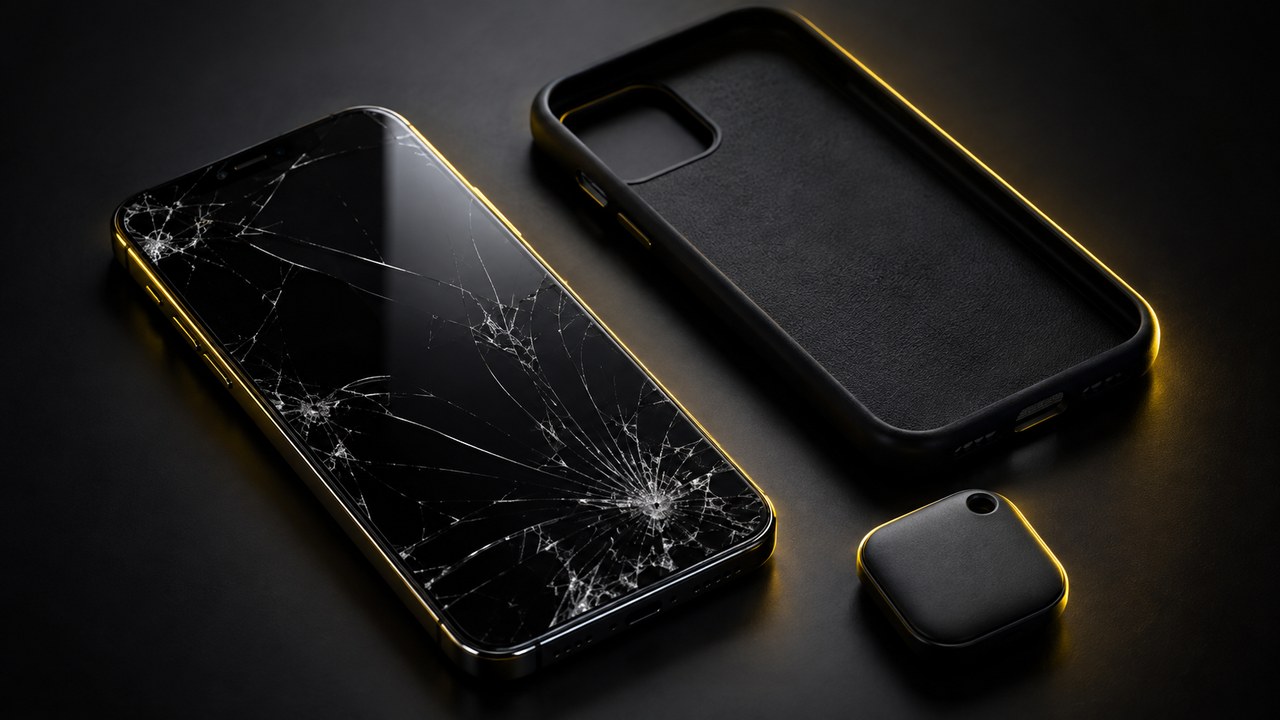 画面にひびが入ったスマートフォンとケースと忘れ物タグ