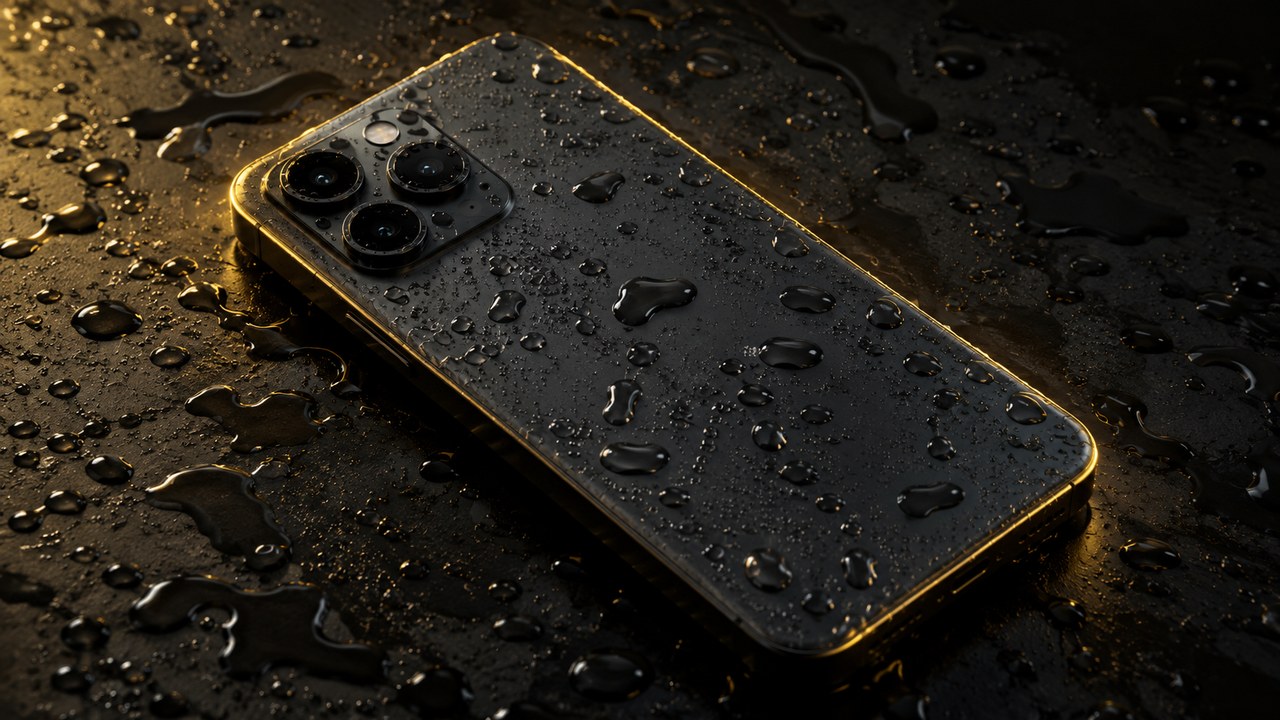 水滴が付いたスマートフォンの背面