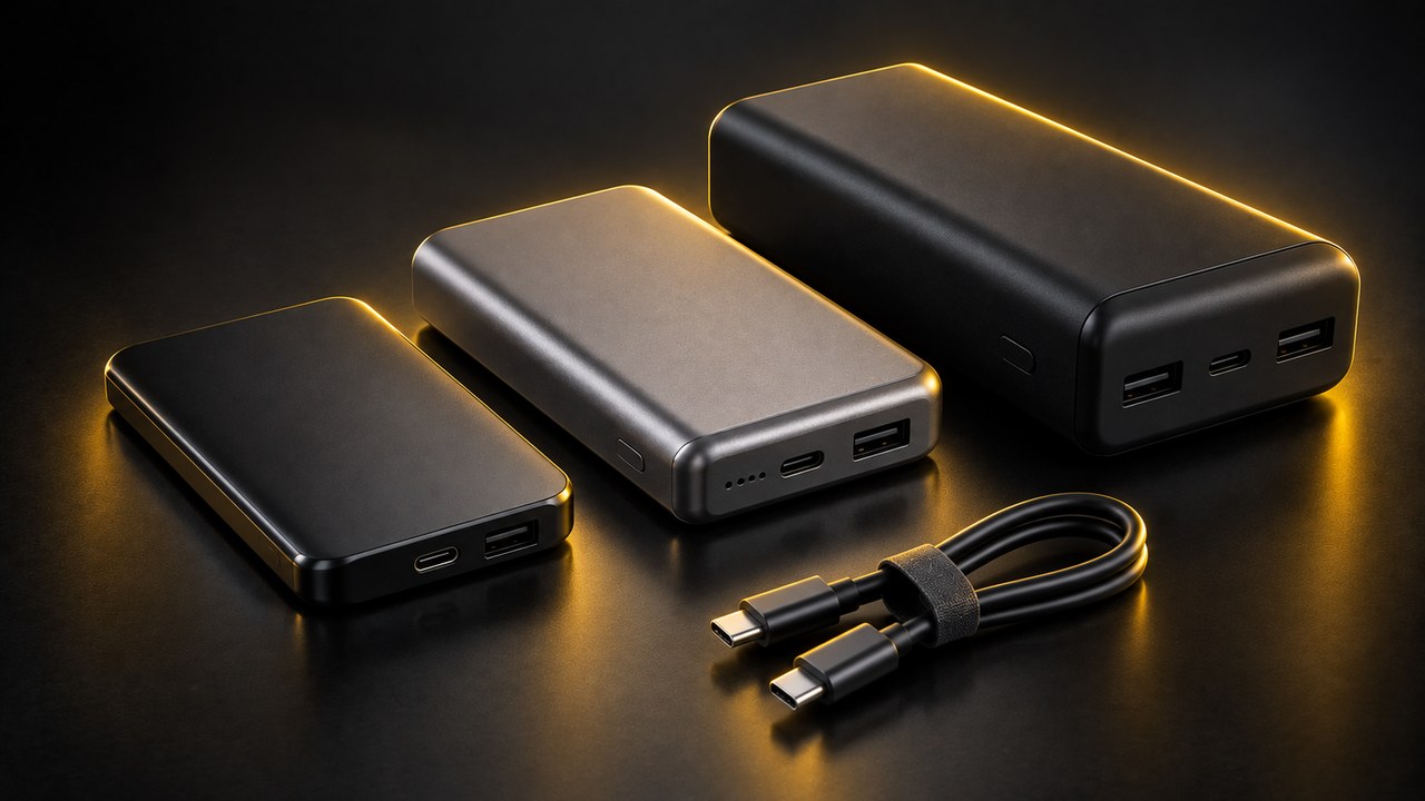 大きさの違うモバイルバッテリー3個とUSB-Cケーブル