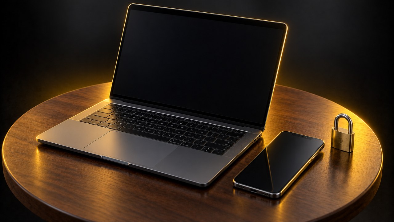 カフェのテーブルのノートパソコンとスマートフォン、南京錠