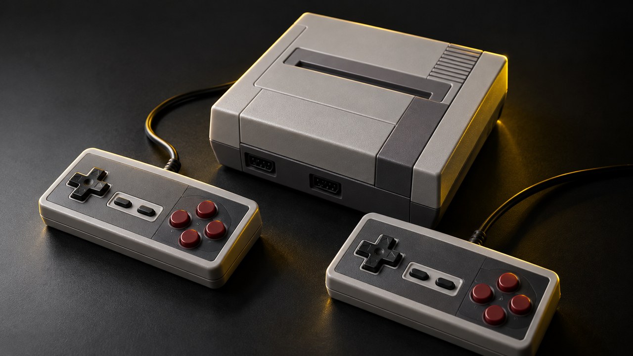小型のレトロゲーム機本体とコントローラー