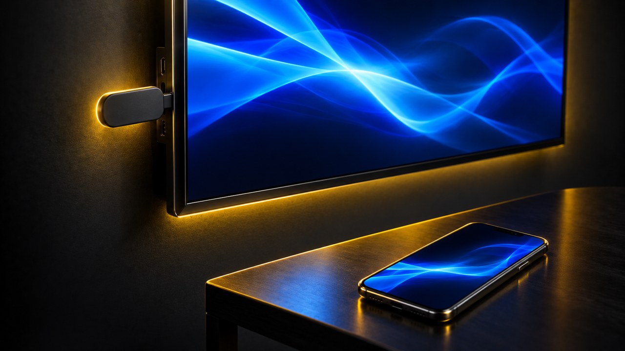 テレビに差したストリーミング端末とスマートフォン