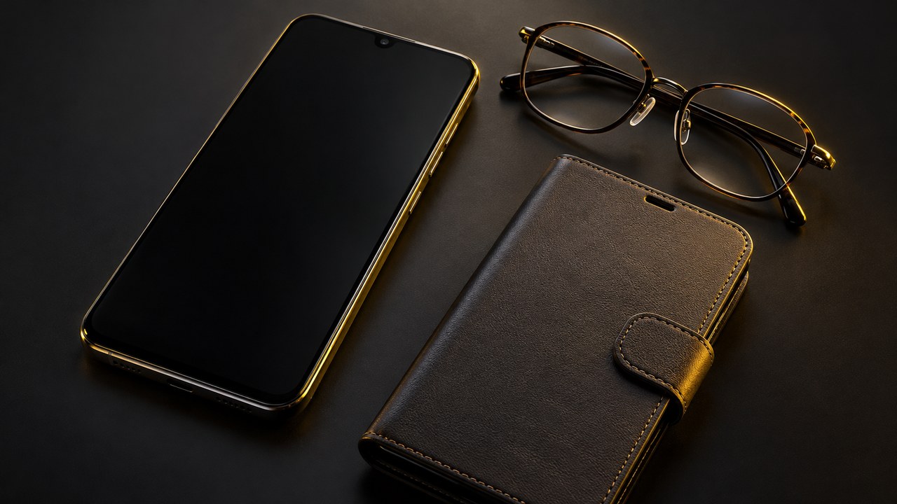 大きめ画面のスマートフォンと老眼鏡と手帳型ケース