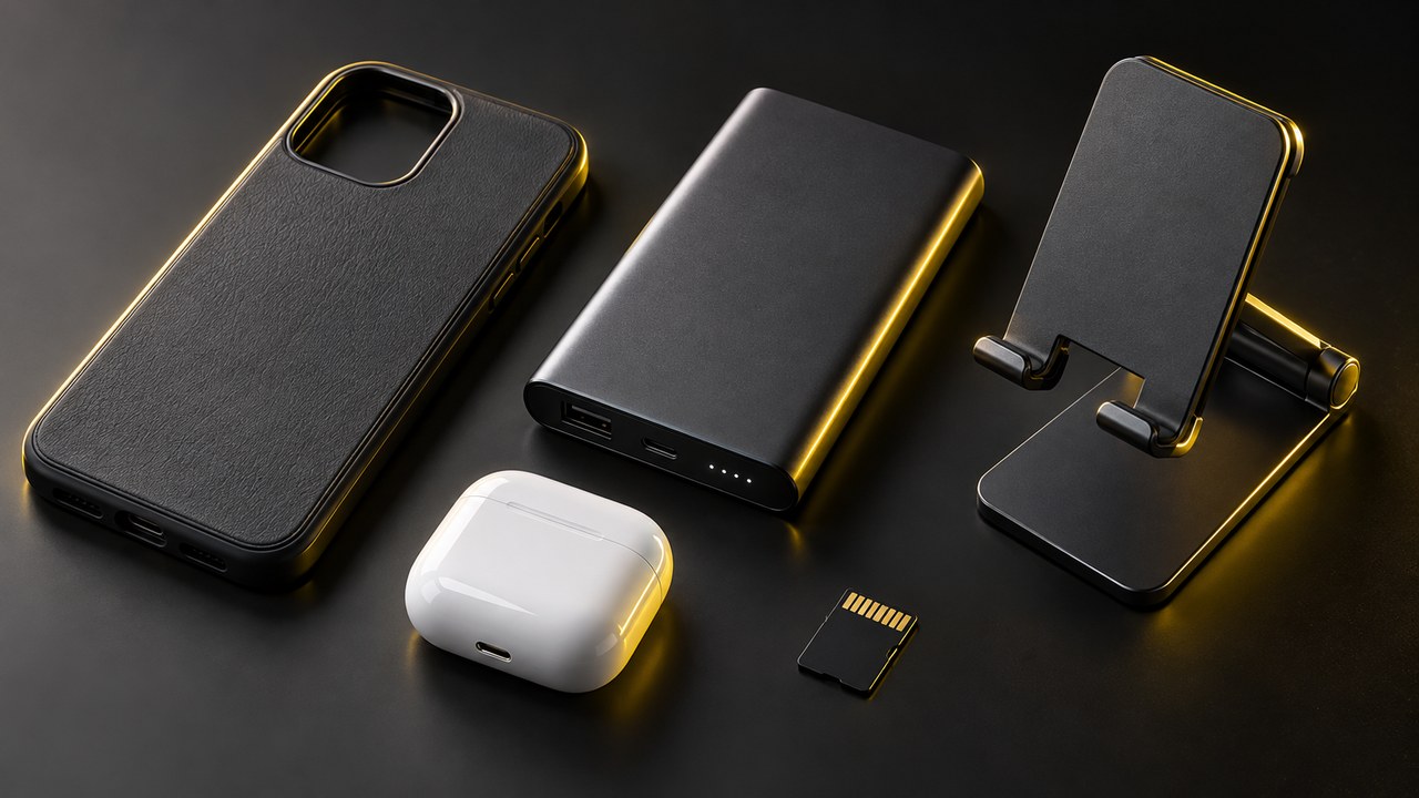 スマホケースとモバイルバッテリーとスマホスタンドなどの周辺機器