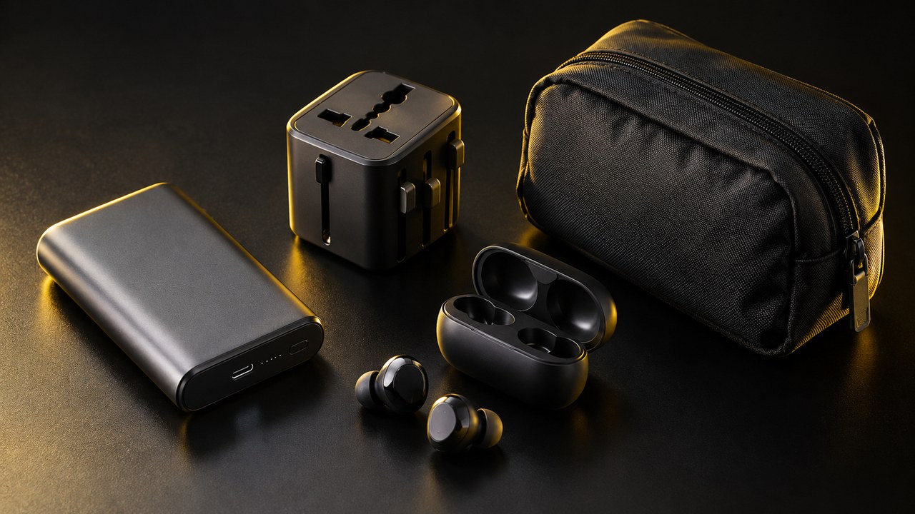 モバイルバッテリーと電源変換プラグとイヤホンとトラベルポーチ