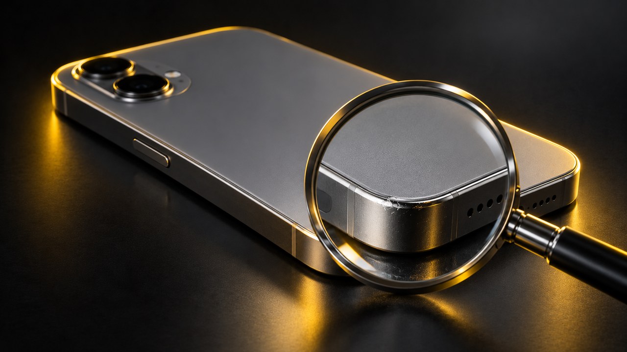 ルーペで傷を確かめる中古スマートフォン