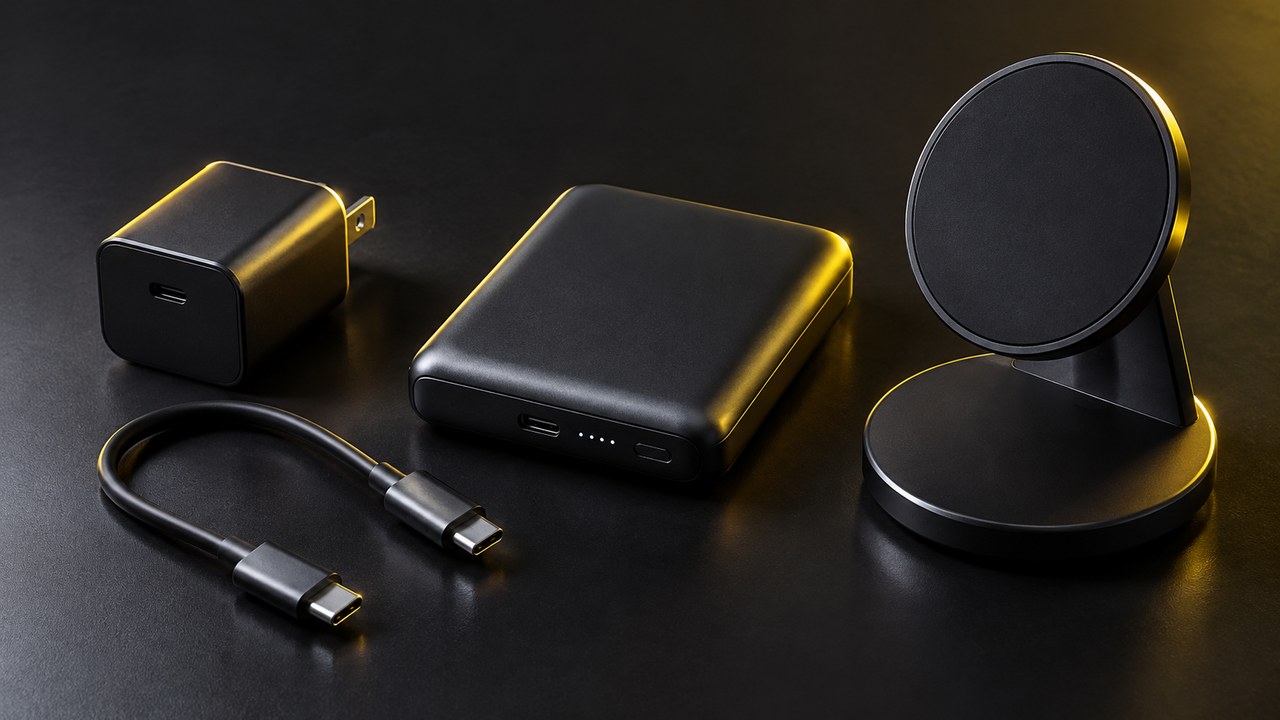 小型のUSB充電器とケーブルとモバイルバッテリーと充電スタンド