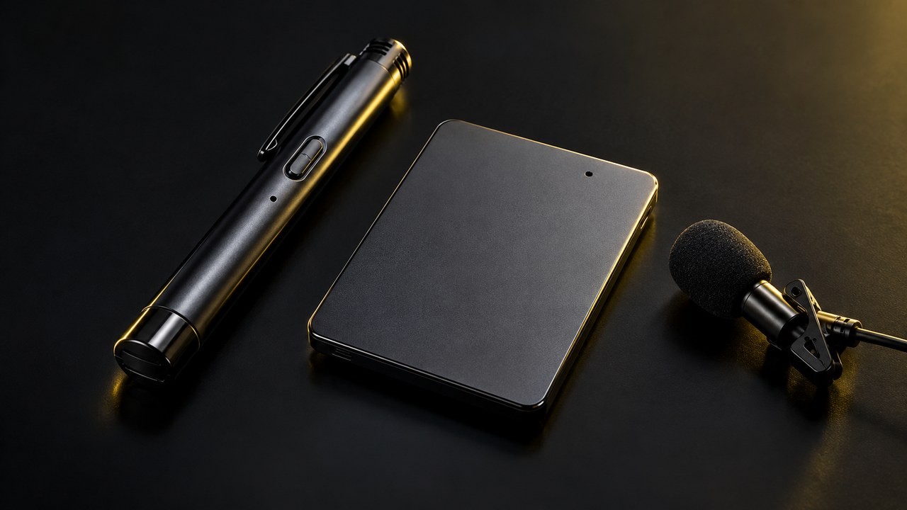 ペン型ICレコーダーとカード型録音デバイスとピンマイク