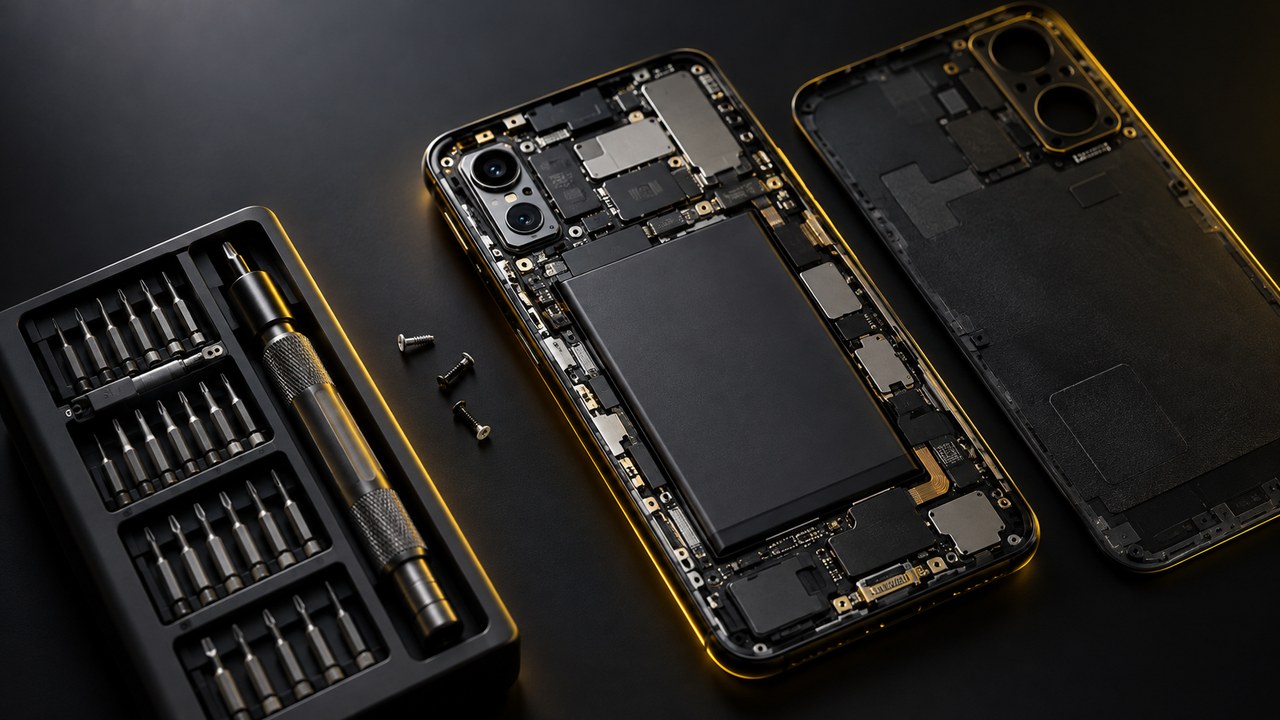 精密ドライバーセットと背面カバーを開けたスマートフォン